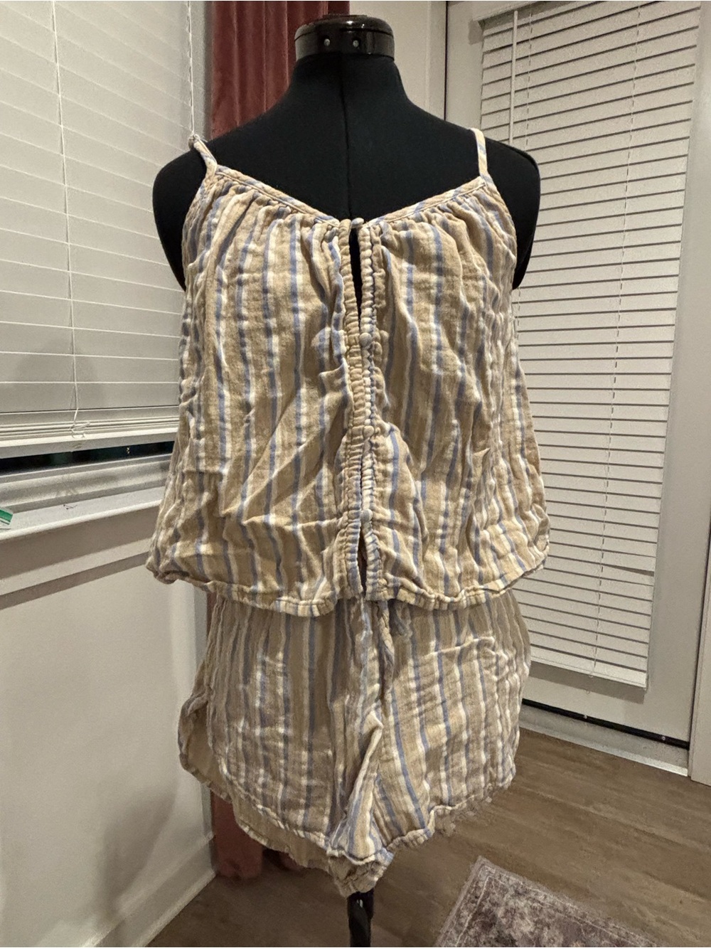 Striped Beige and Blue Cotton-Blend Tank and Short Set
